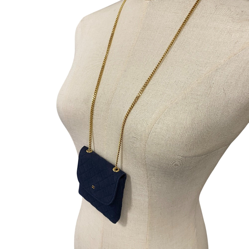 CHANEL Pouch cotton Navy Chained mini pouch Matrasse Women Used Authentic