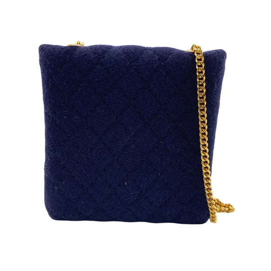 CHANEL Pouch cotton Navy Chained mini pouch Matrasse Women Used Authentic