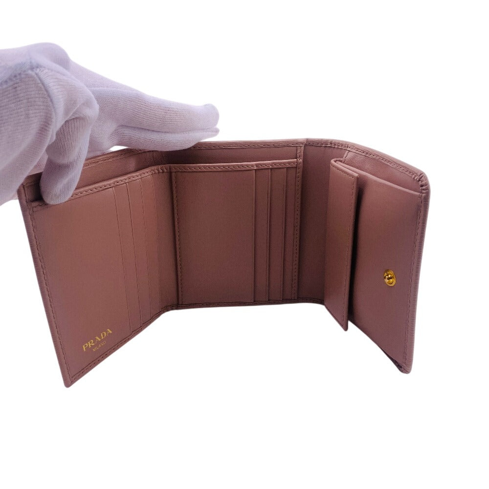 PRADA Tri-fold wallet 1MH176 leather beige Compact wallet Wittelomb Triangle Women Used Authentic