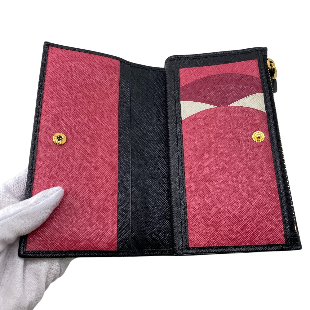 PRADA Bifold Wallet 1ML009 leather black W pocket Safiano Women Used Authentic