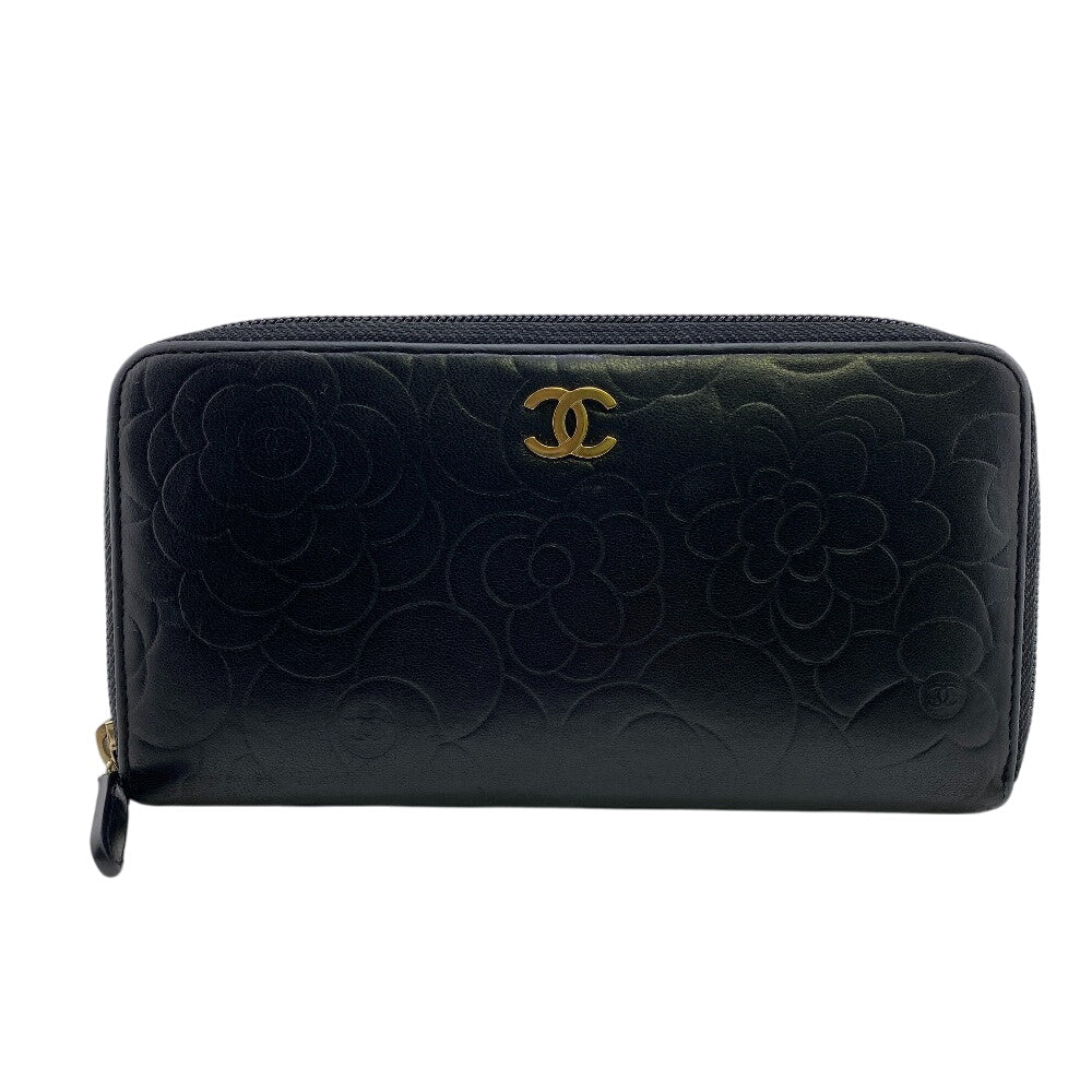 CHANEL Long Wallet Purse lambskin black Camelia