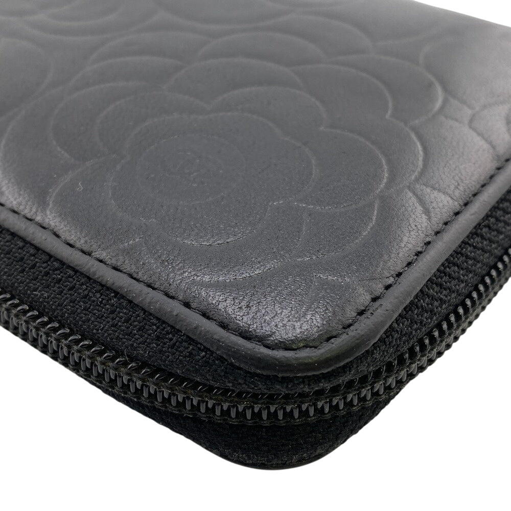 CHANEL Long Wallet Purse lambskin black Camelia