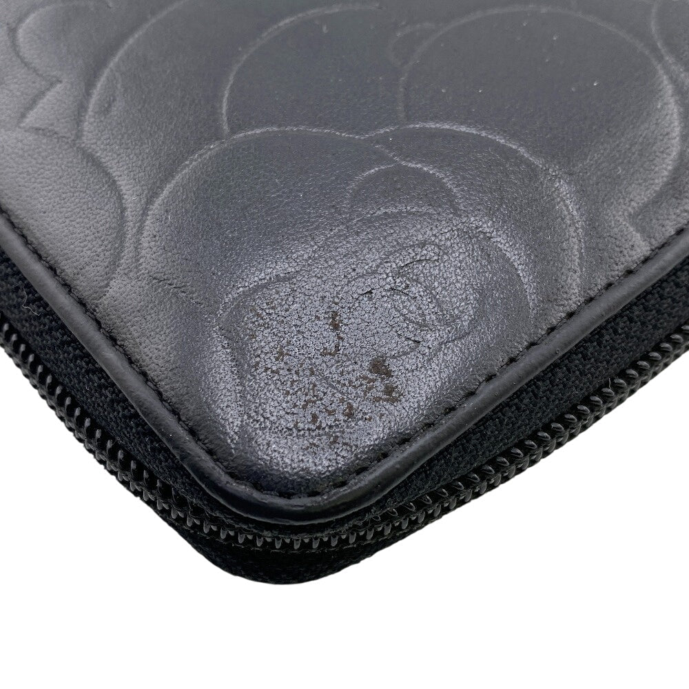 CHANEL Long Wallet Purse lambskin black Camelia