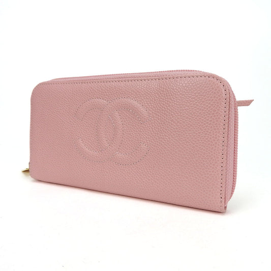 CHANEL Long Wallet Purse Caviar skin pink Women Used Authentic