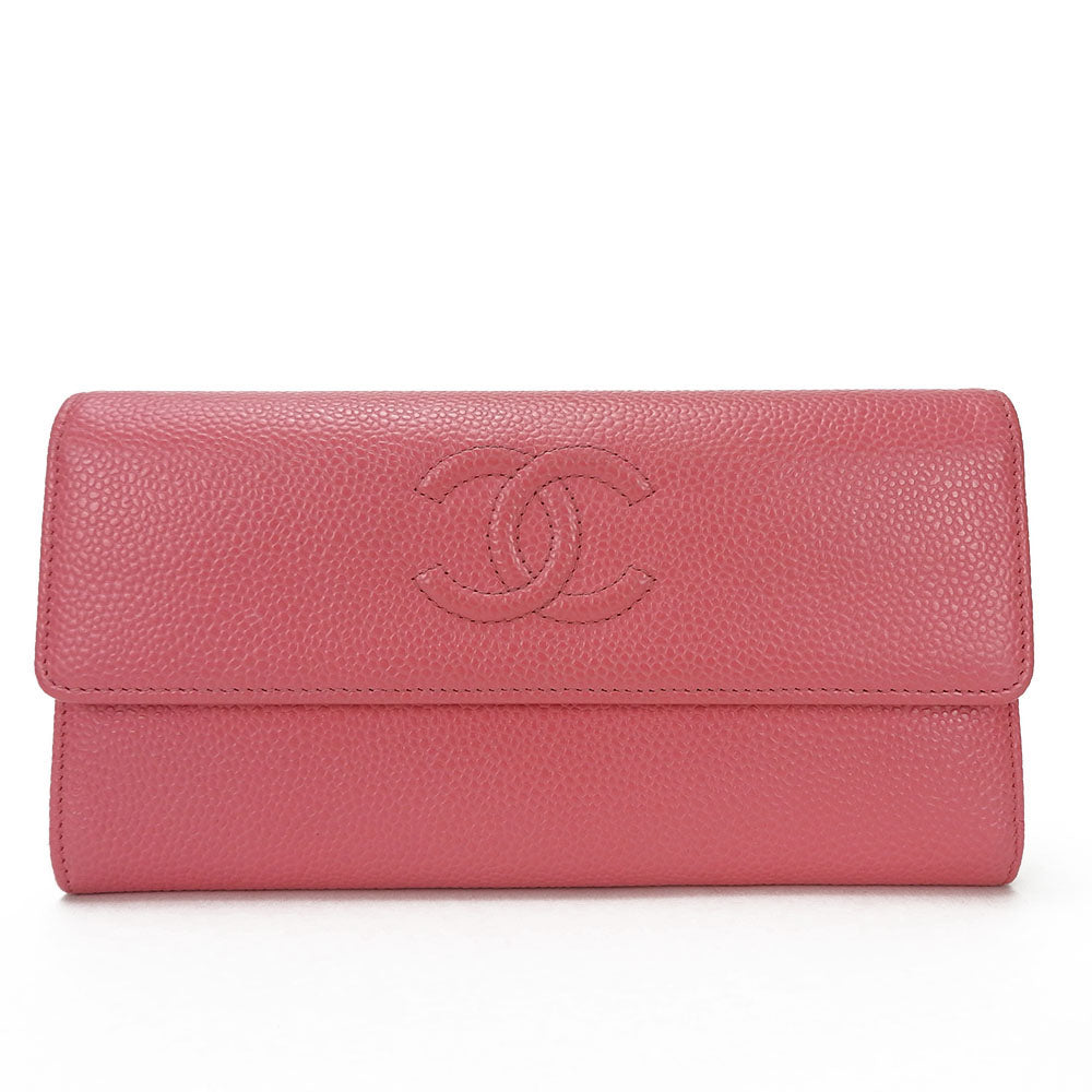 CHANEL Long Wallet Purse Caviar skin pink COCO Mark Women Used Authentic