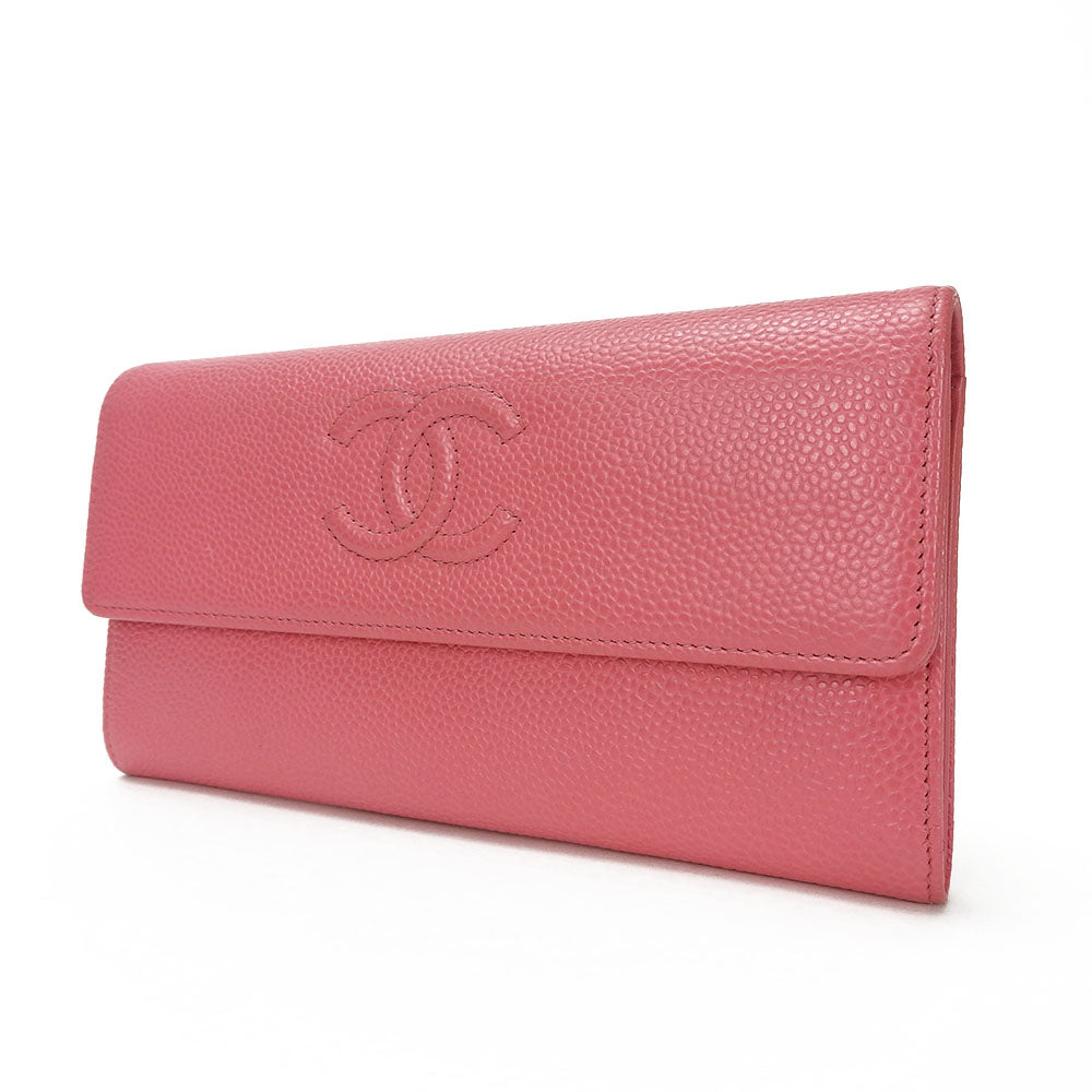 CHANEL Long Wallet Purse Caviar skin pink COCO Mark Women Used Authentic