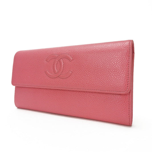 CHANEL Long Wallet Purse Caviar skin pink COCO Mark Women Used Authentic