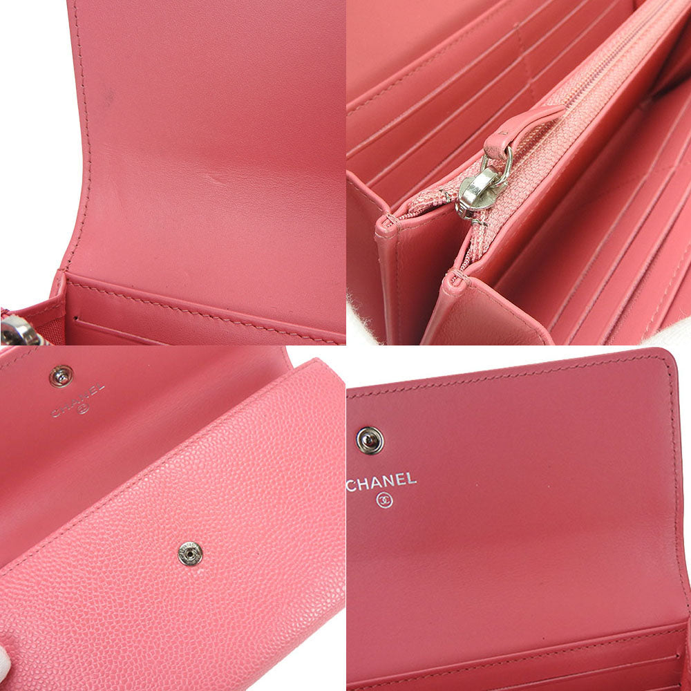 CHANEL Long Wallet Purse Caviar skin pink COCO Mark Women Used Authentic