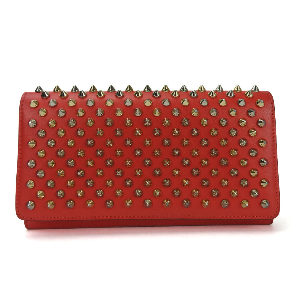 Christian Louboutin Long Wallet Purse 1175077 Calfskin, Leather Red Studded Long Wallet Purse Macaron Continental Women Used Authentic