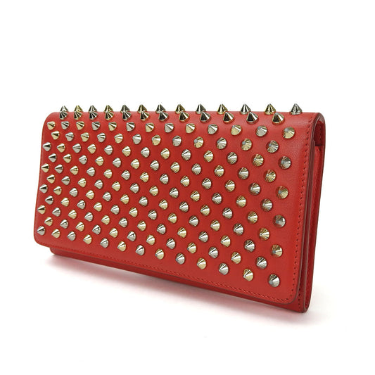 Christian Louboutin Long Wallet Purse 1175077 Calfskin, Leather Red Studded Long Wallet Purse Macaron Continental Women Used Authentic