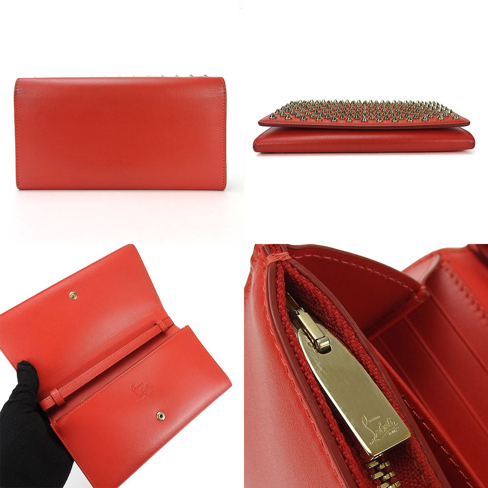 Christian Louboutin Long Wallet Purse 1175077 Calfskin, Leather Red Studded Long Wallet Purse Macaron Continental Women Used Authentic