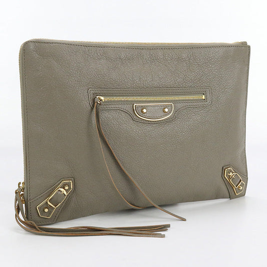 BALENCIAGA 390186 Clutch bag metal edge L-shaped clutch bag leather.Goatskin gray mens Used Authentic