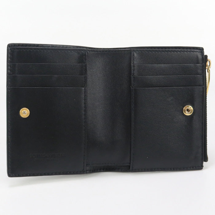 BOTTEGA VENETA BO93003 Bifold Wallet Zipper INTRECCIATO leather black Women Used Authentic