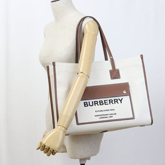 BURBERRY 8044129 medium frayed tote Tote Bag cotton, leather White Women Used Authentic