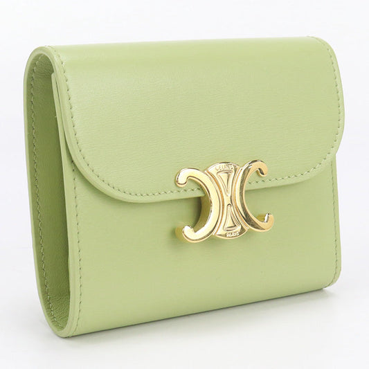 CELINE 10D78 Small flap wallet Triomphe Three fold wallet Calfskin green Women