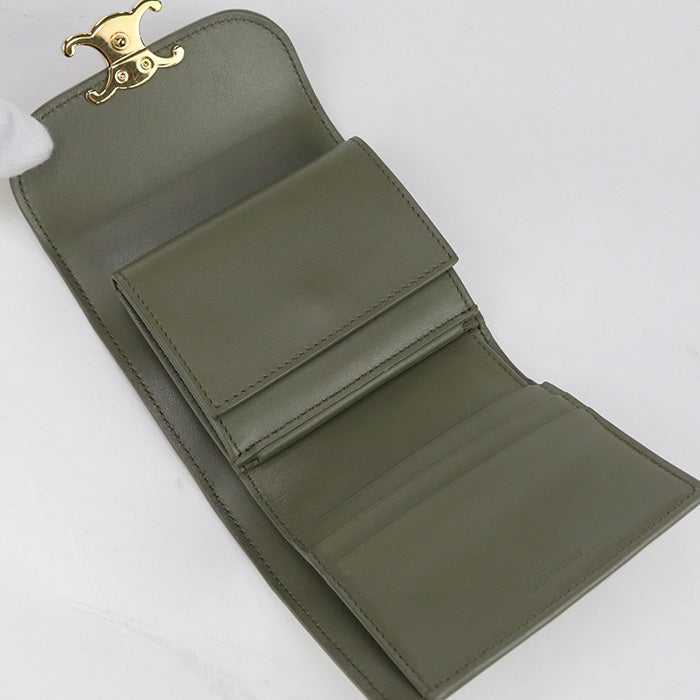 CELINE 10D78 3DPV Small flap Triomphe Three fold wallet Calfskin khaki Women