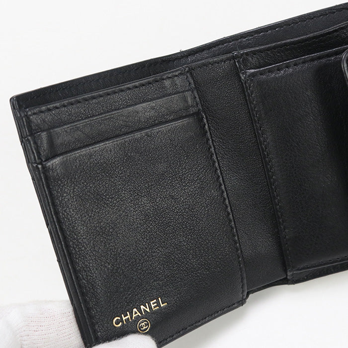 CHANEL 28592471 Small Matrasse Three fold wallet lambskin black Women