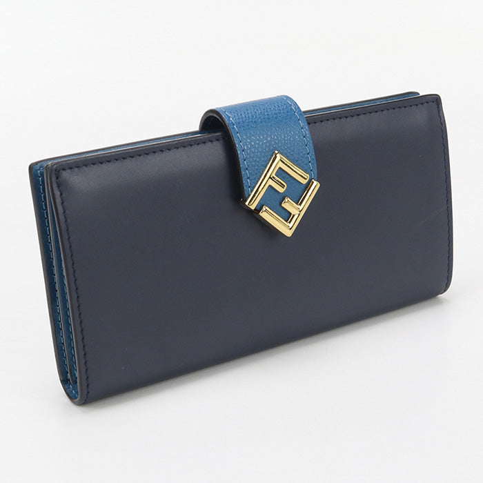 FENDI FF Diamond Long wallet with double fold coin purse leather navy Women