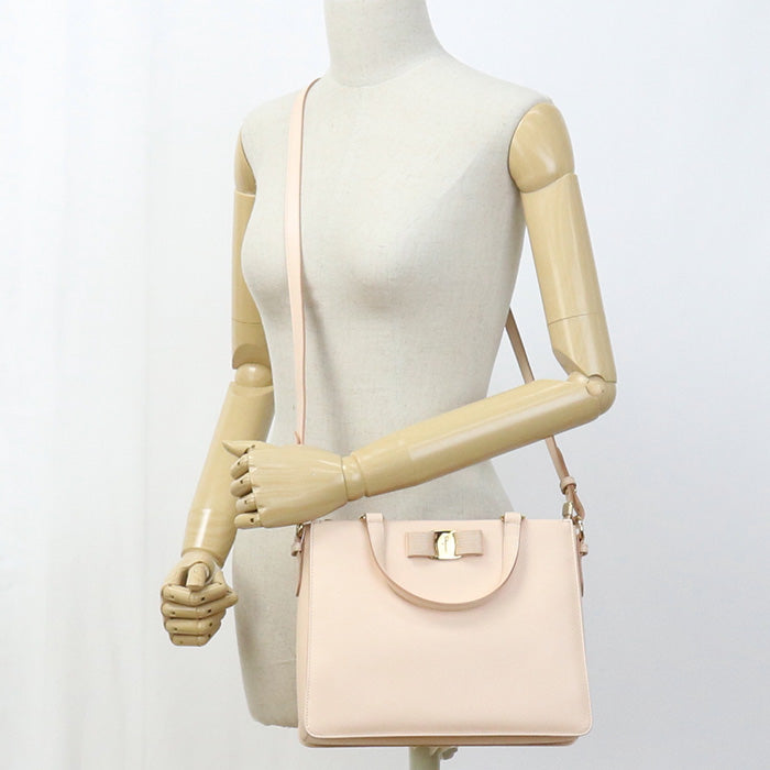 FERRAGAMO 21 E298 2WAY shoulder Bag Vala Ribbon Tote Bag leather pink Women