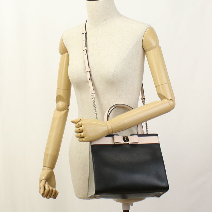 FERRAGAMO 21 1290 2WAY Vala Ribbon Tote Bag Calfskin black Women