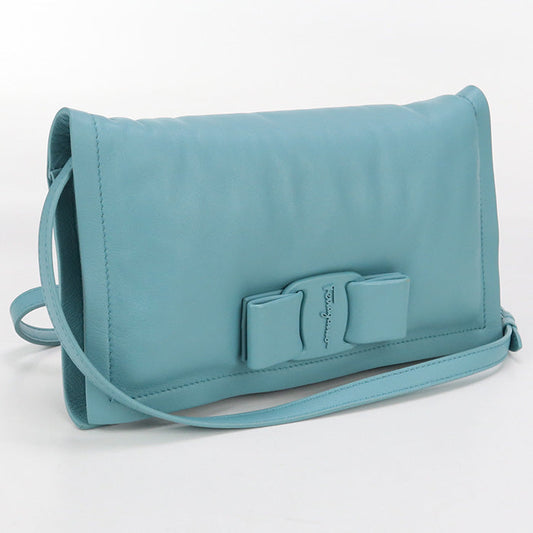 FERRAGAMO 22 0287 Vivabou Vara ribbon Diagonal shoulder bag Calfsk blue Women