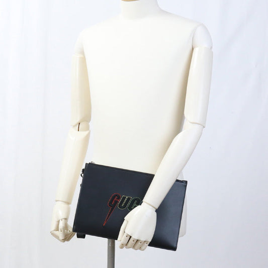 GUCCI 597678 Blade embroidery Clutch bag leather black unisex