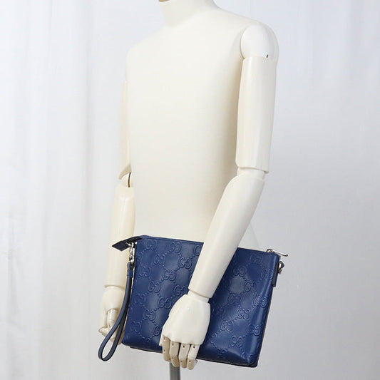 GUCCI 696009 Shoulder Bag GG emboss Medium 2-Way Clutch Bag leather blue mens