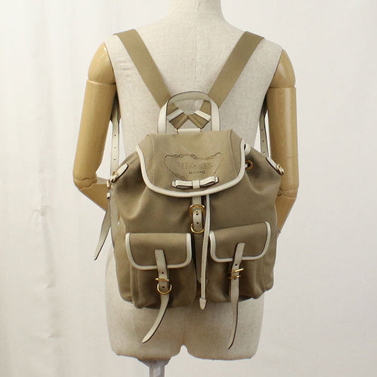 PRADA Backpack Logo jacquard Backpack canvas beige Women