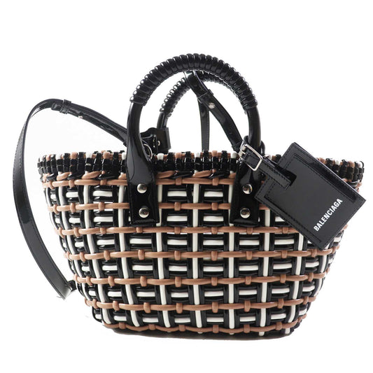 BALENCIAGA Handbag 671342 Patent, Enamel black white beige Bistro XS Women Used Authentic