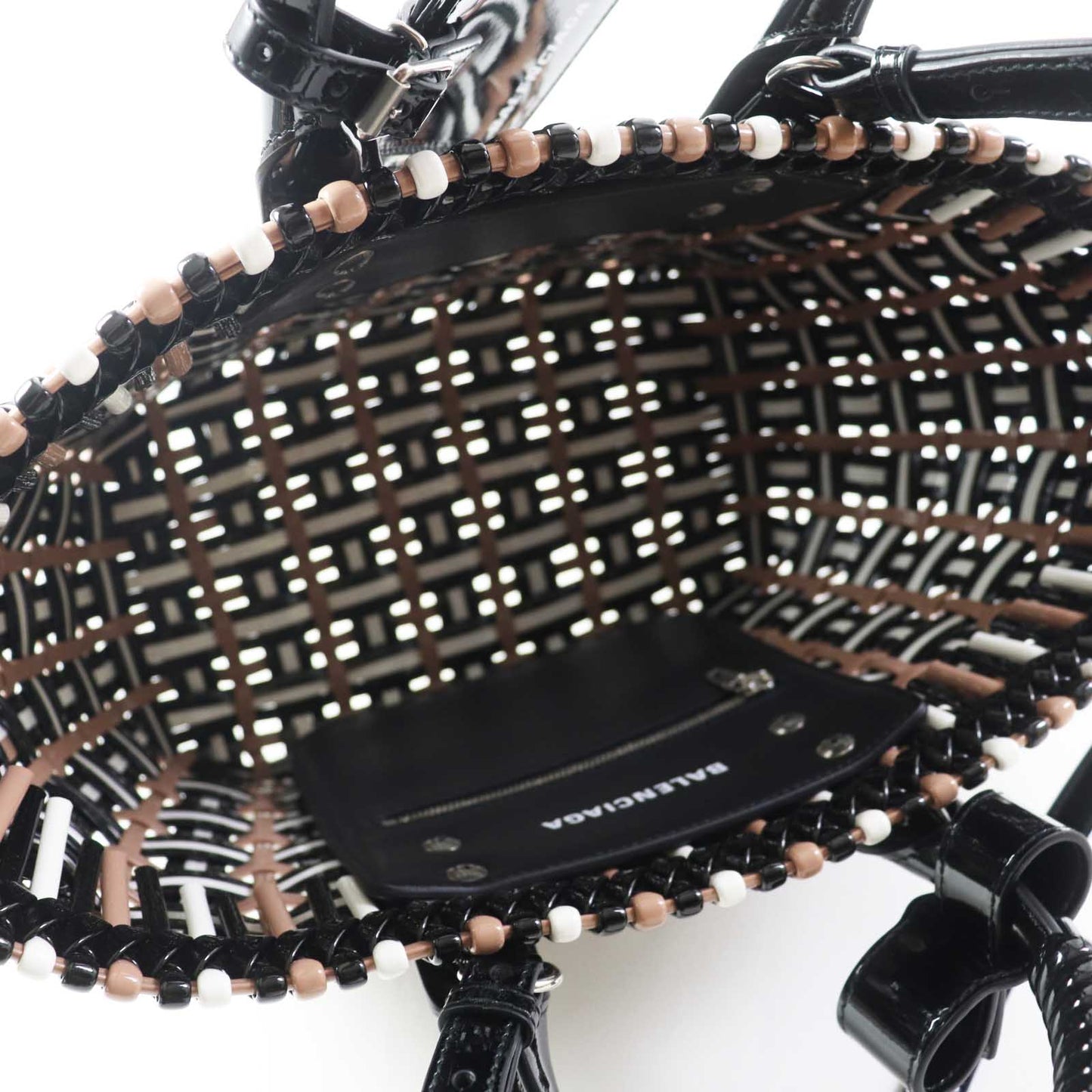 BALENCIAGA Handbag 671342 Patent, Enamel black white beige Bistro XS Women Used Authentic