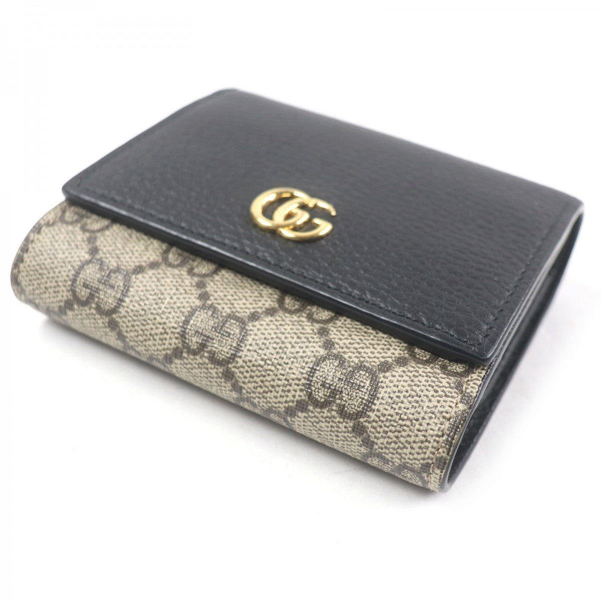 GUCCI Tri-fold wallet 598587 Main: GG Supreme canvas, Main: Leather Black beige Double G Bicolor Medium Wallet mens Used Authentic
