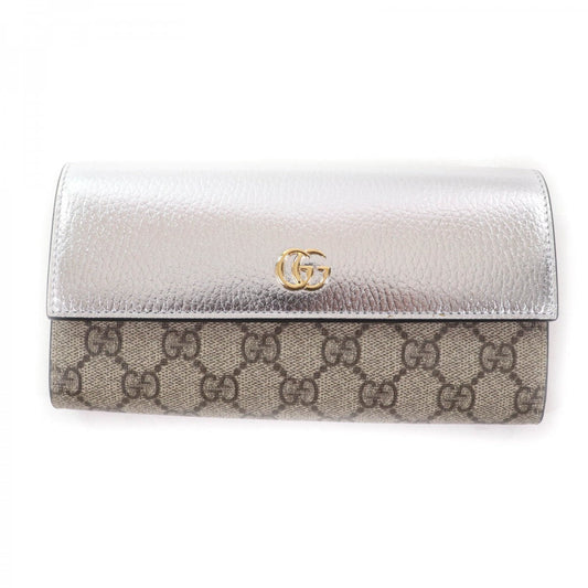 GUCCI Long Wallet Purse 456116 Main: GG Supreme canvas Silver brown Women Used Authentic