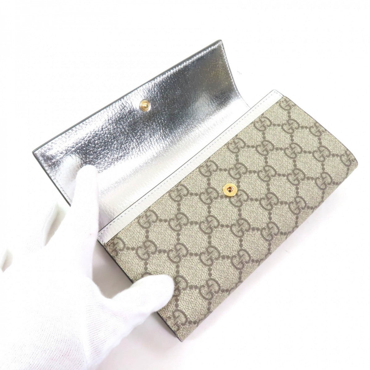 GUCCI Long Wallet Purse 456116 Main: GG Supreme canvas Silver brown Women Used Authentic
