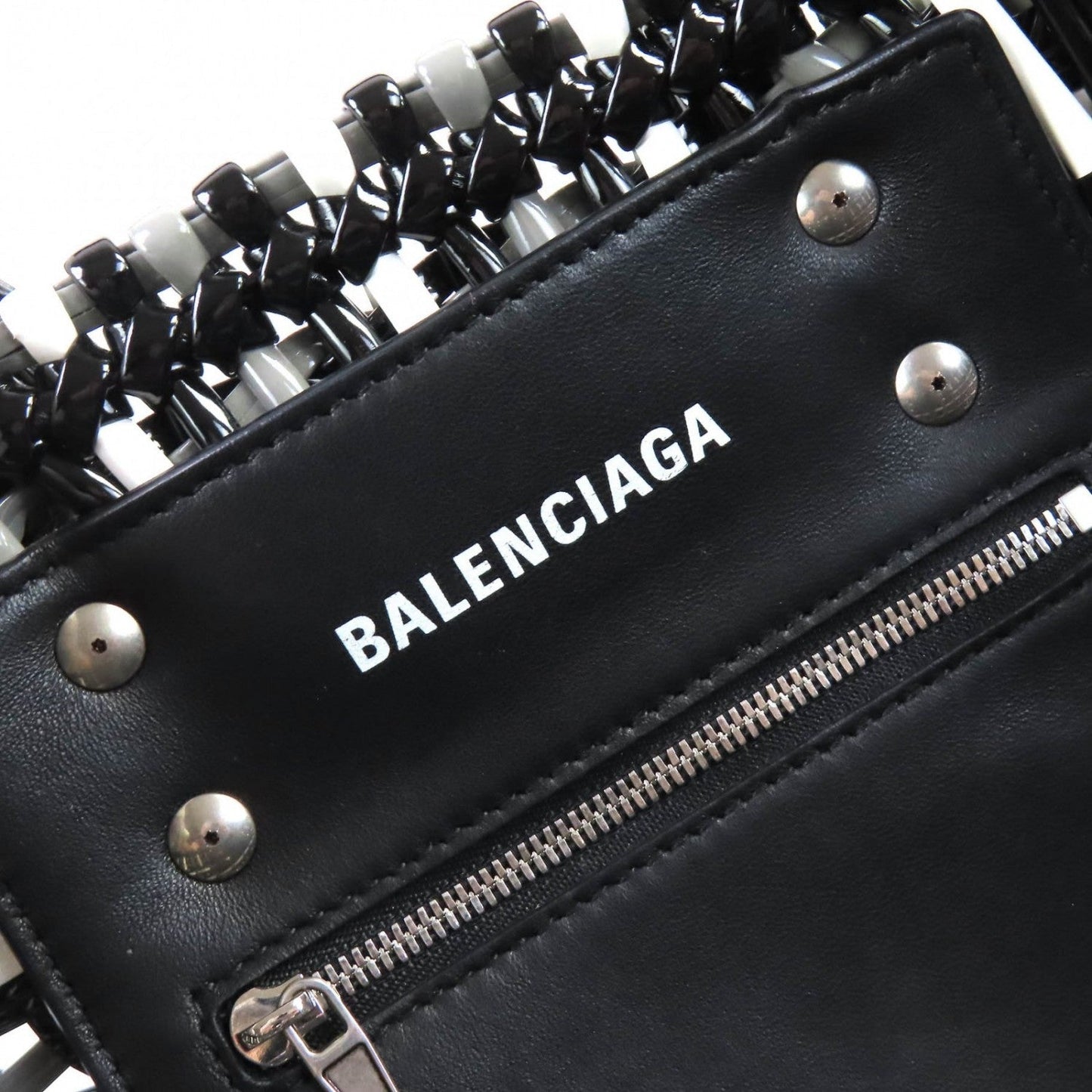 BALENCIAGA Shoulder Bag 671342 enamel Black gray white Bistro Basket Bag XS