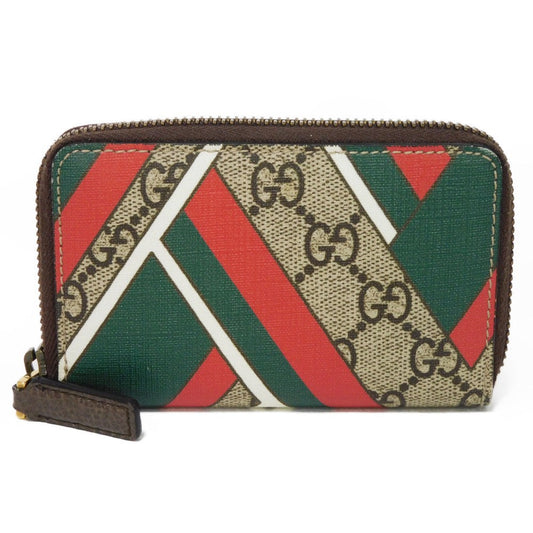GUCCI Coin case 429232 GG Supreme canvas (polyurethane processing) x Calfskin leather beige Chevron Web Stripe Green GG Supreme compact zip around wallet unisex(Unisex) Used Authentic