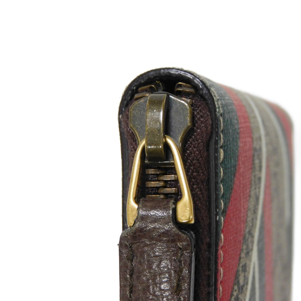 GUCCI Coin case 429232 GG Supreme canvas (polyurethane processing) x Calfskin leather beige Chevron Web Stripe Green GG Supreme compact zip around wallet unisex(Unisex) Used Authentic