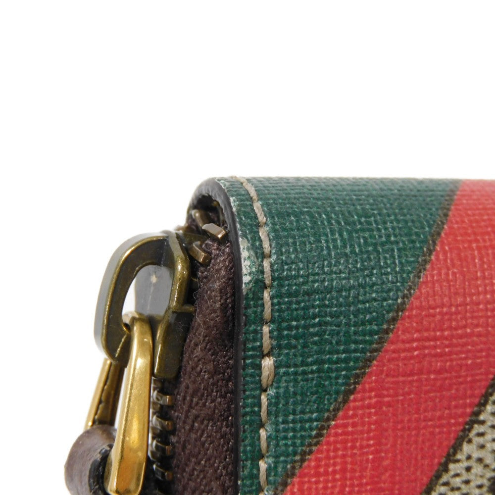 GUCCI Coin case 429232 GG Supreme canvas (polyurethane processing) x Calfskin leather beige Chevron Web Stripe Green GG Supreme compact zip around wallet unisex(Unisex) Used Authentic