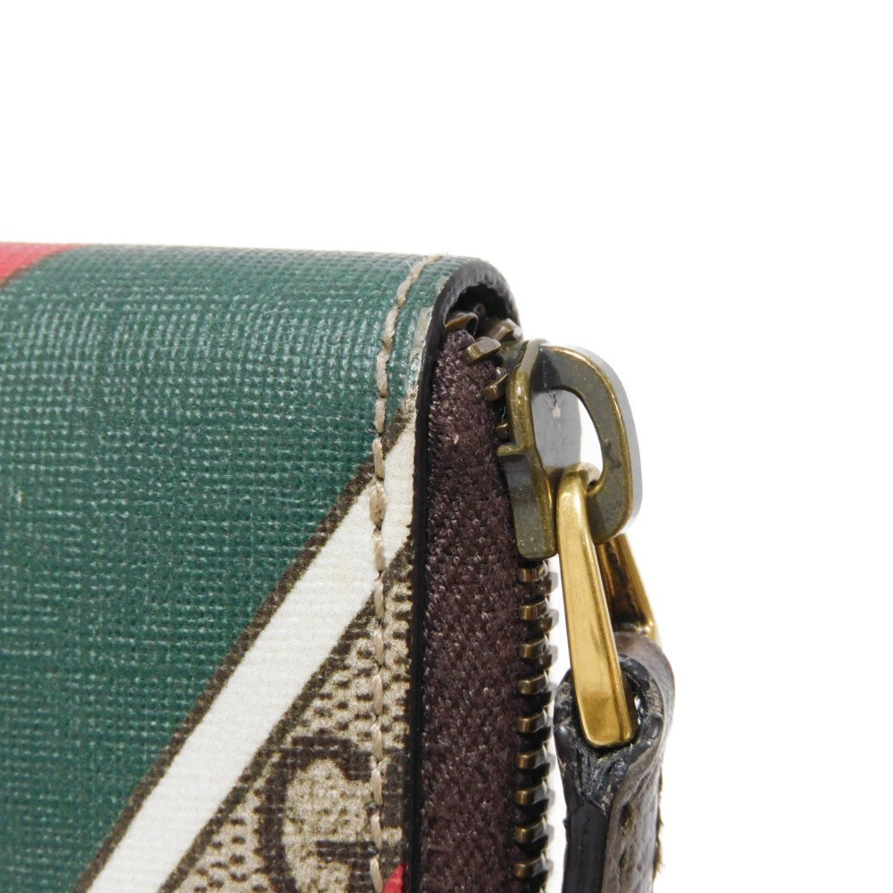 GUCCI Coin case 429232 GG Supreme canvas (polyurethane processing) x Calfskin leather beige Chevron Web Stripe Green GG Supreme compact zip around wallet unisex(Unisex) Used Authentic