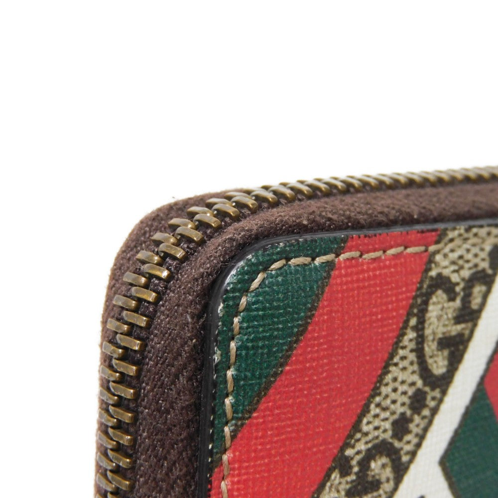 GUCCI Coin case 429232 GG Supreme canvas (polyurethane processing) x Calfskin leather beige Chevron Web Stripe Green GG Supreme compact zip around wallet unisex(Unisex) Used Authentic