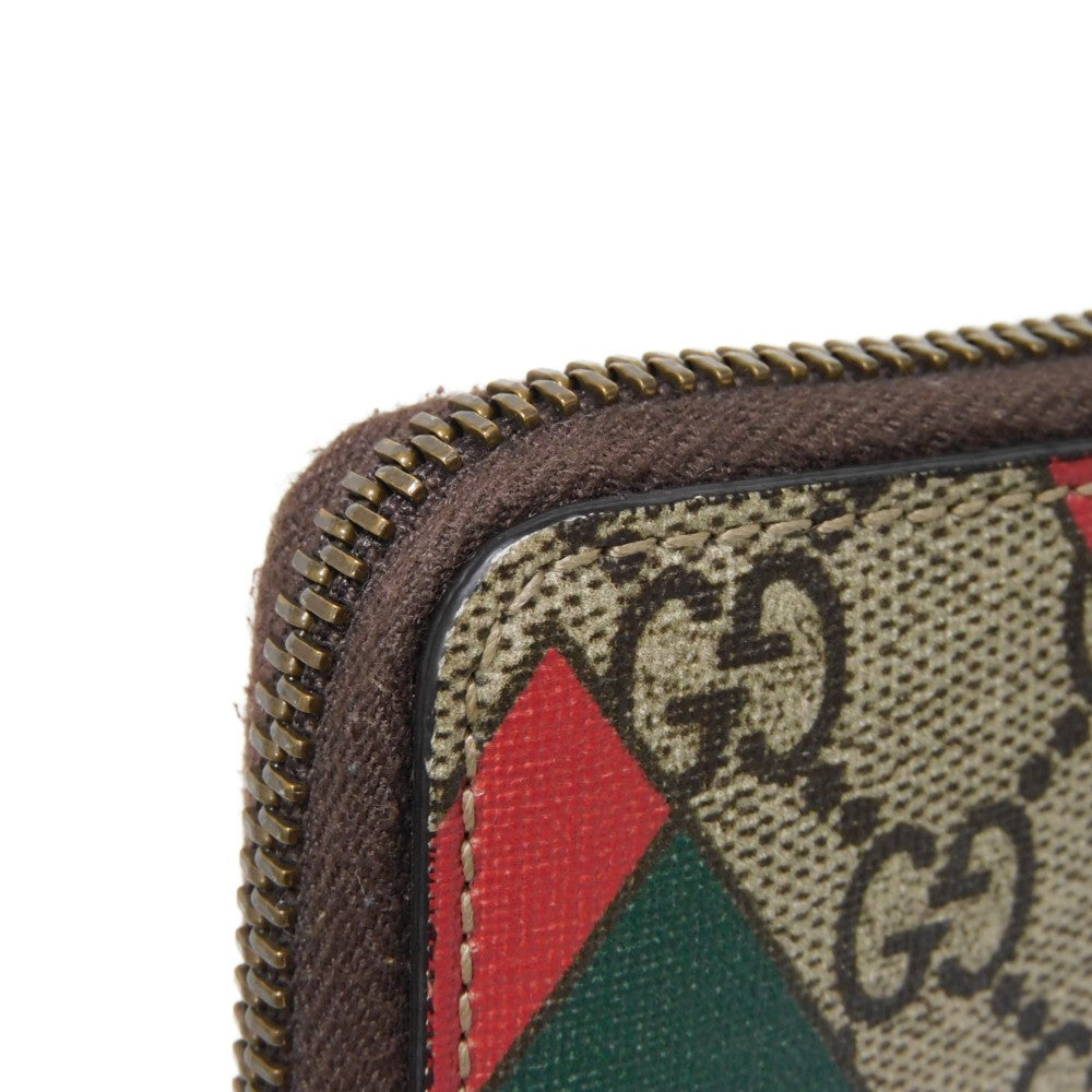GUCCI Coin case 429232 GG Supreme canvas (polyurethane processing) x Calfskin leather beige Chevron Web Stripe Green GG Supreme compact zip around wallet unisex(Unisex) Used Authentic