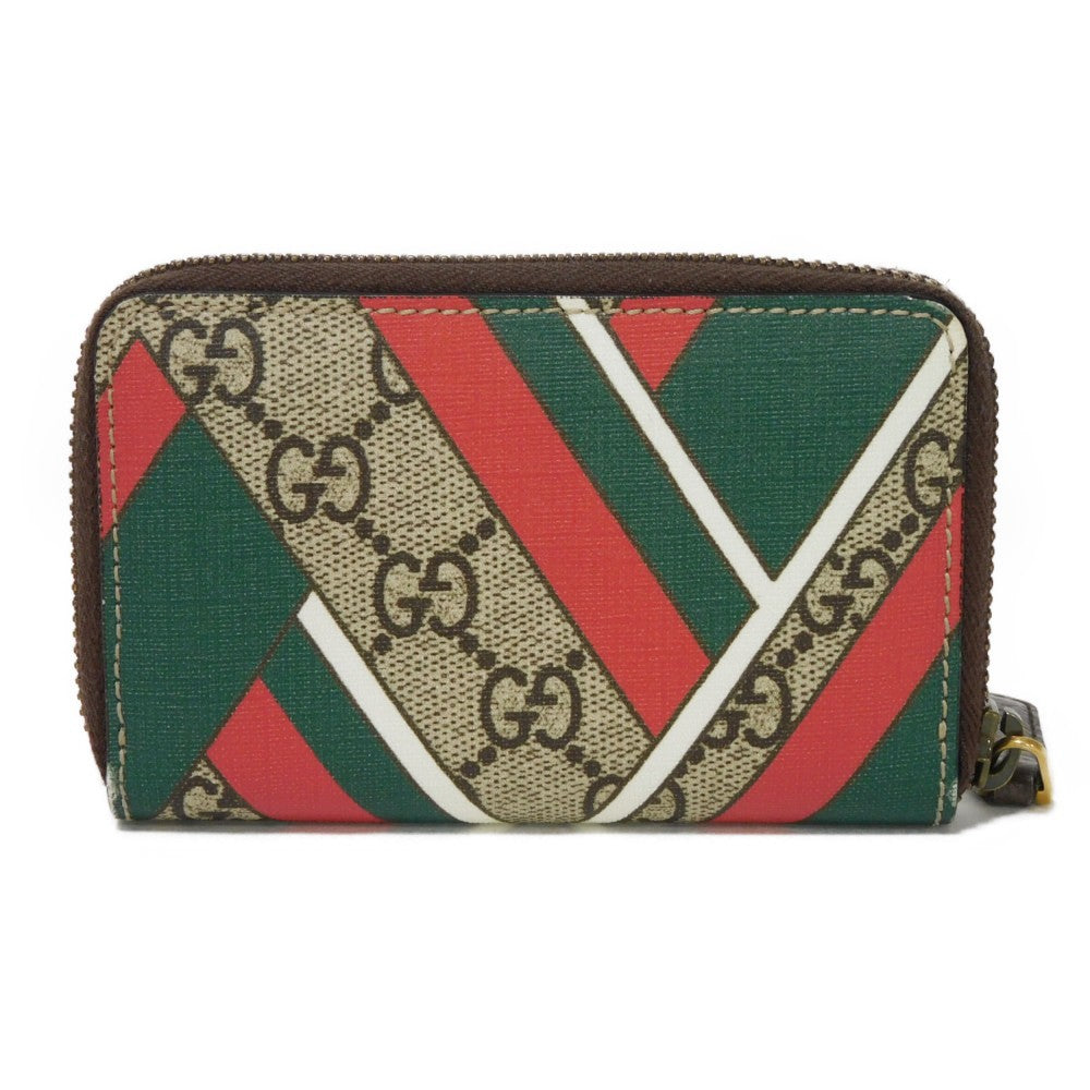 GUCCI Coin case 429232 GG Supreme canvas (polyurethane processing) x Calfskin leather beige Chevron Web Stripe Green GG Supreme compact zip around wallet unisex(Unisex) Used Authentic