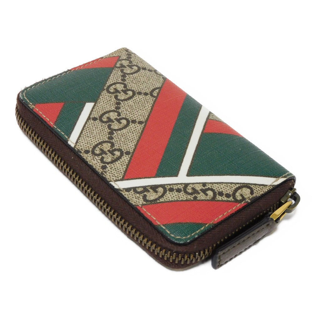 GUCCI Coin case 429232 GG Supreme canvas (polyurethane processing) x Calfskin leather beige Chevron Web Stripe Green GG Supreme compact zip around wallet unisex(Unisex) Used Authentic