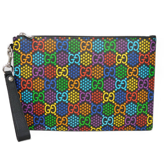 GUCCI Clutch bag 601087 H20BN 1058 GG psychedelic canvas x calf leather (embossed) multicolor Star Double G Black Handle Strap Business Bag GG Psychedelic Pouch mens Used Authentic