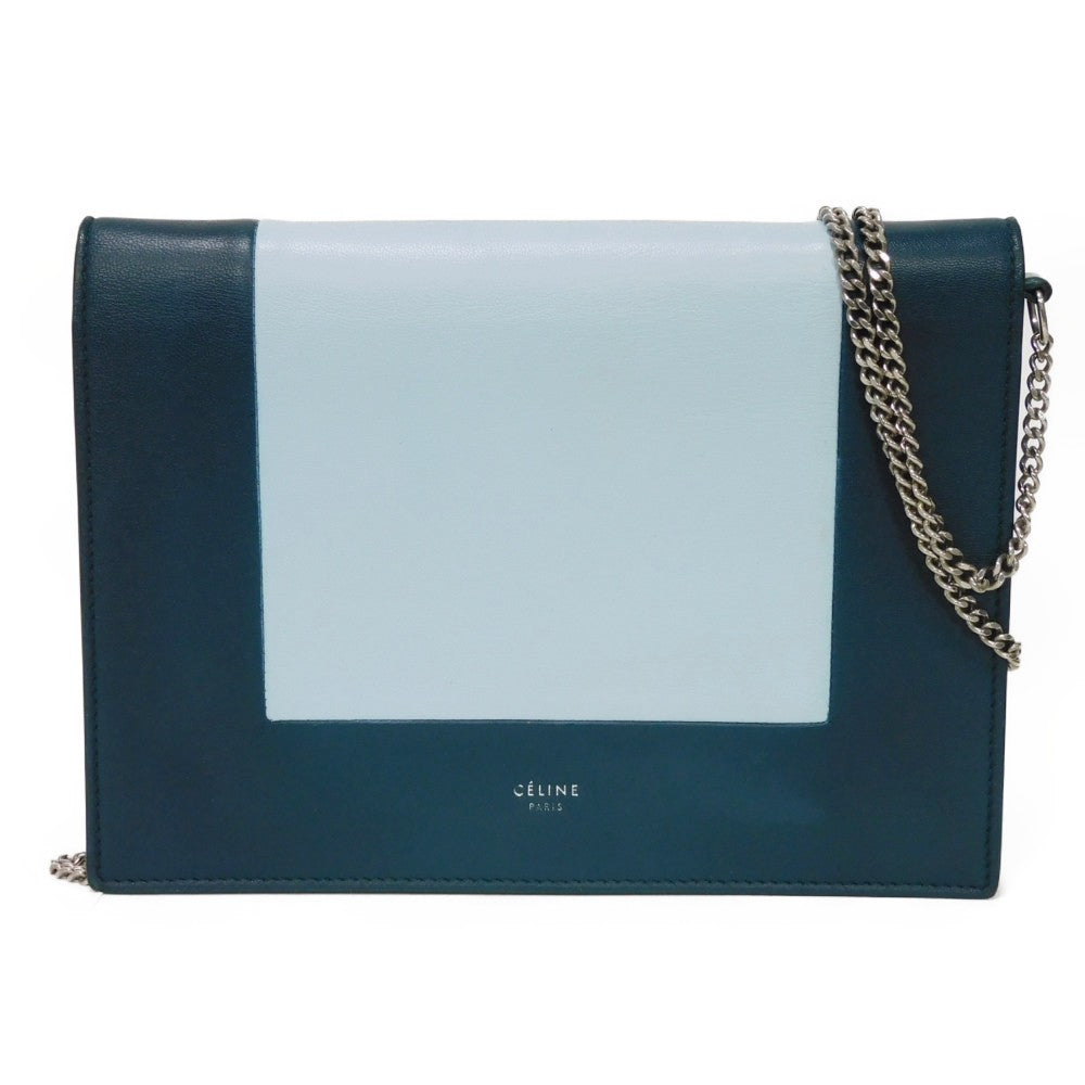 CELINE Shoulder Bag 107773 Smooth lambskin Light blue x dark green ChainShoulder Bag 2WAY Clutch Bag Old logo FRAME Evening Chain Wallet Women Used Authentic