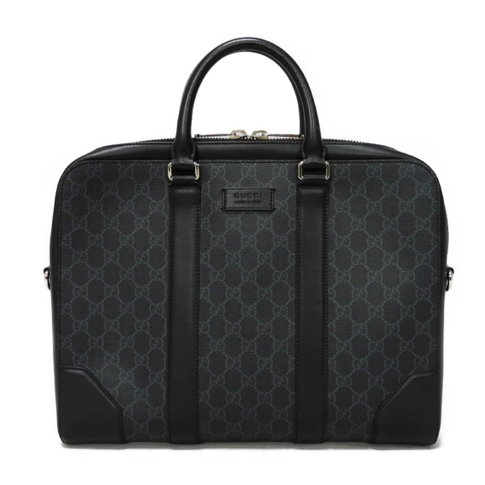 GUCCI Business bag 474135 GG Supreme canvas (polyurethane processing) x Calfskin leather black Handbag logo embossed leather patch GG Supreme Briefcase mens Used Authentic