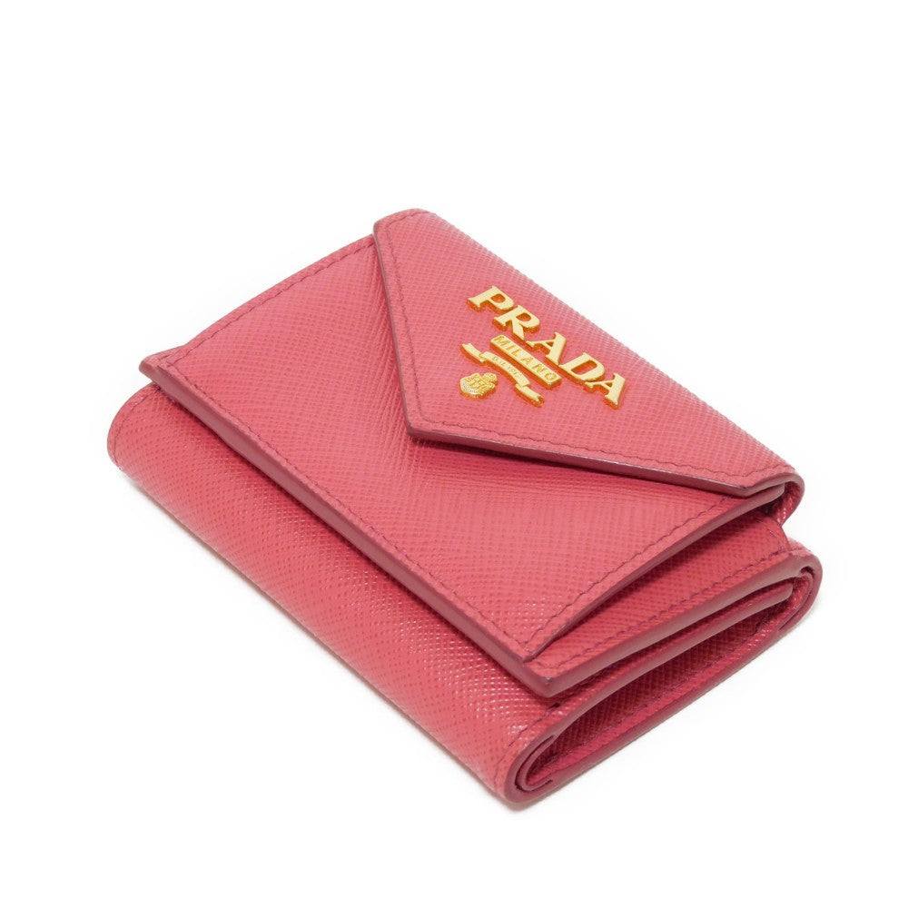 PRADA Tri-fold wallet 1MH021 QWA F0505 Safiano leather (stamped) Peonia Pink RFID logo metal Saffiano Mini Wallet Women Used Authentic