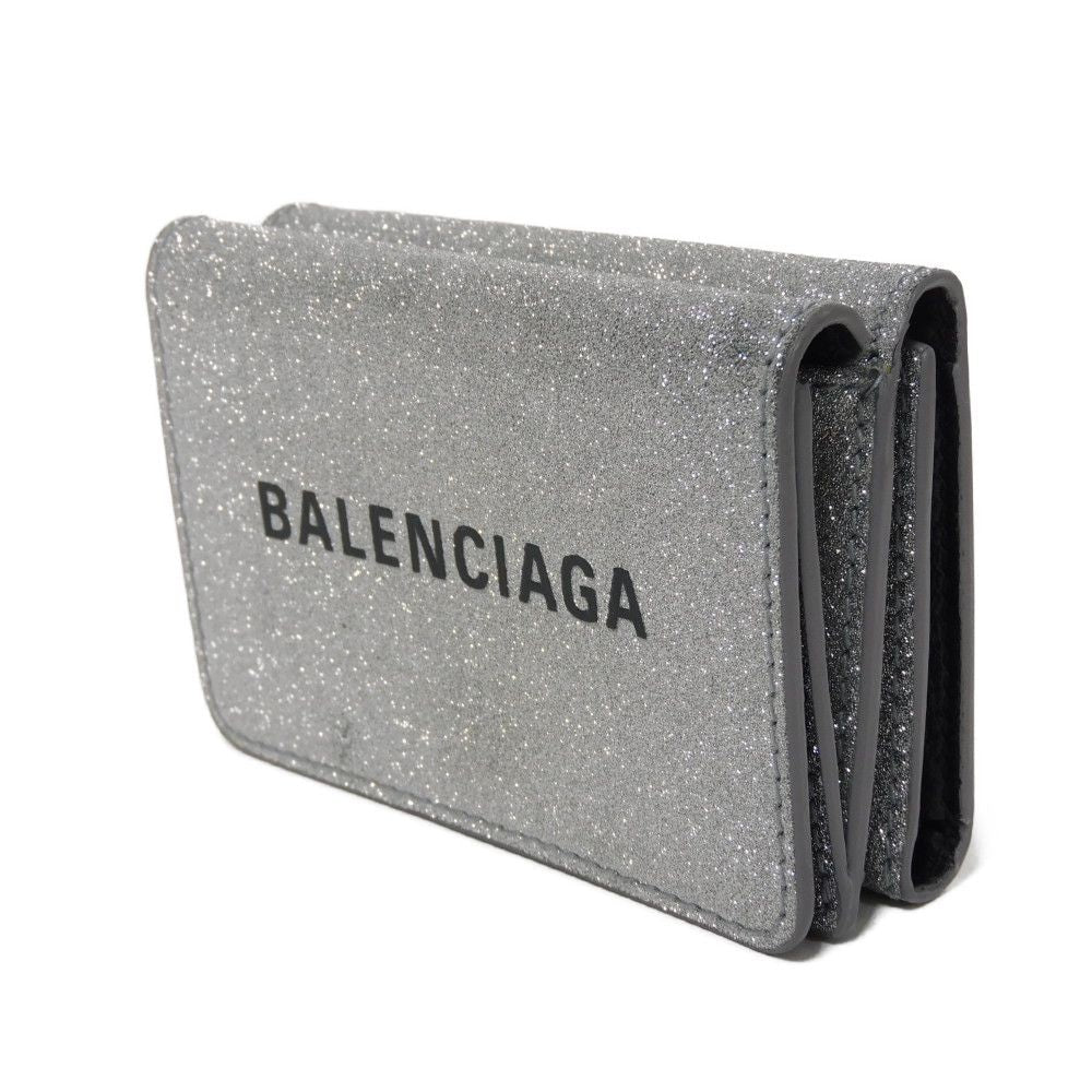 BALENCIAGA Tri-fold wallet 551921 0XV3N 8106 Polyurethane x polyester Silver Glitter Sparkling Black New logo Everyday Mini Wallet unisex(Unisex) Used Authentic