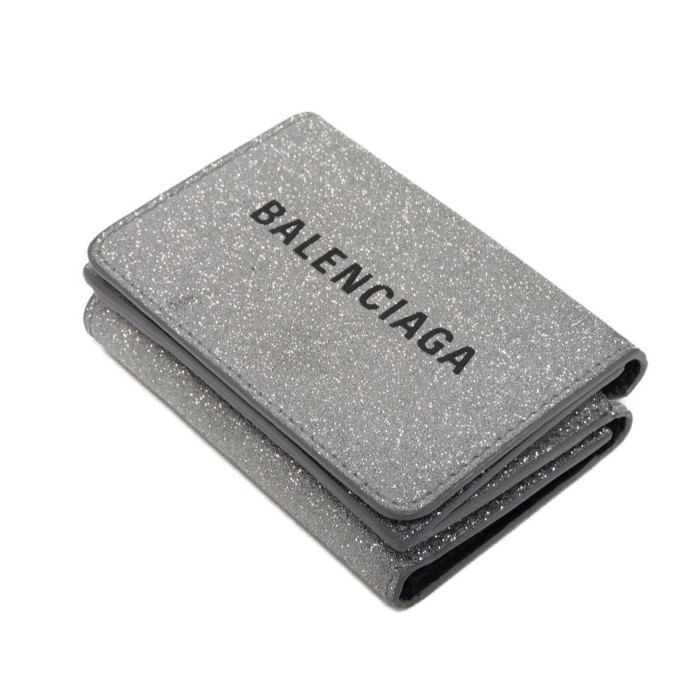BALENCIAGA Tri-fold wallet 551921 0XV3N 8106 Polyurethane x polyester Silver Glitter Sparkling Black New logo Everyday Mini Wallet unisex(Unisex) Used Authentic