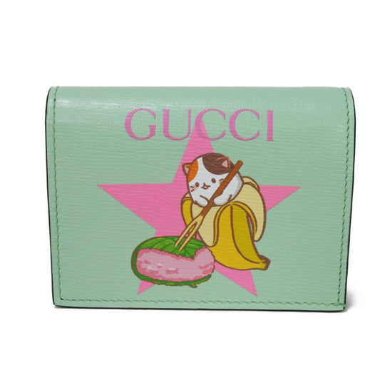 GUCCI Bifold Wallet 701009 U22AG 3067 Textured leather Mint green Banana Cat Sakuramochi Star Unused logo Bananya Compact Wallet unisex(Unisex) Used Authentic
