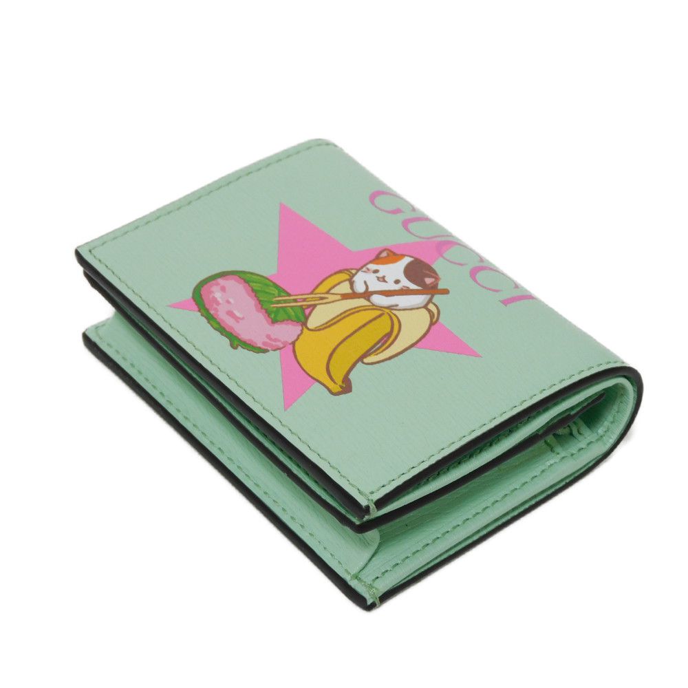 GUCCI Bifold Wallet 701009 U22AG 3067 Textured leather Mint green Banana Cat Sakuramochi Star Unused logo Bananya Compact Wallet unisex(Unisex) Used Authentic